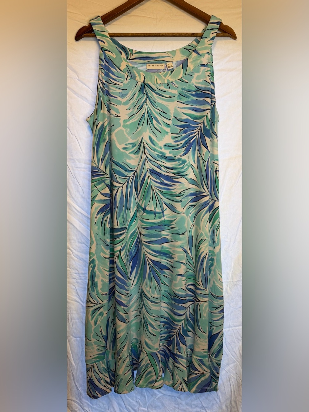 Susan Graver Aqua Teal Blue Leaf Print Sleeveless Dress